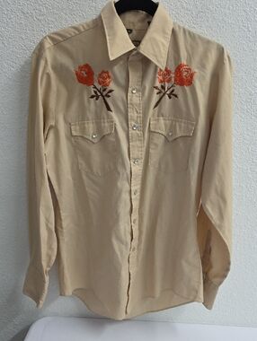 Vintage Western Floral ROSE Embroidery Beige Snap Collar Shirt Size Medium